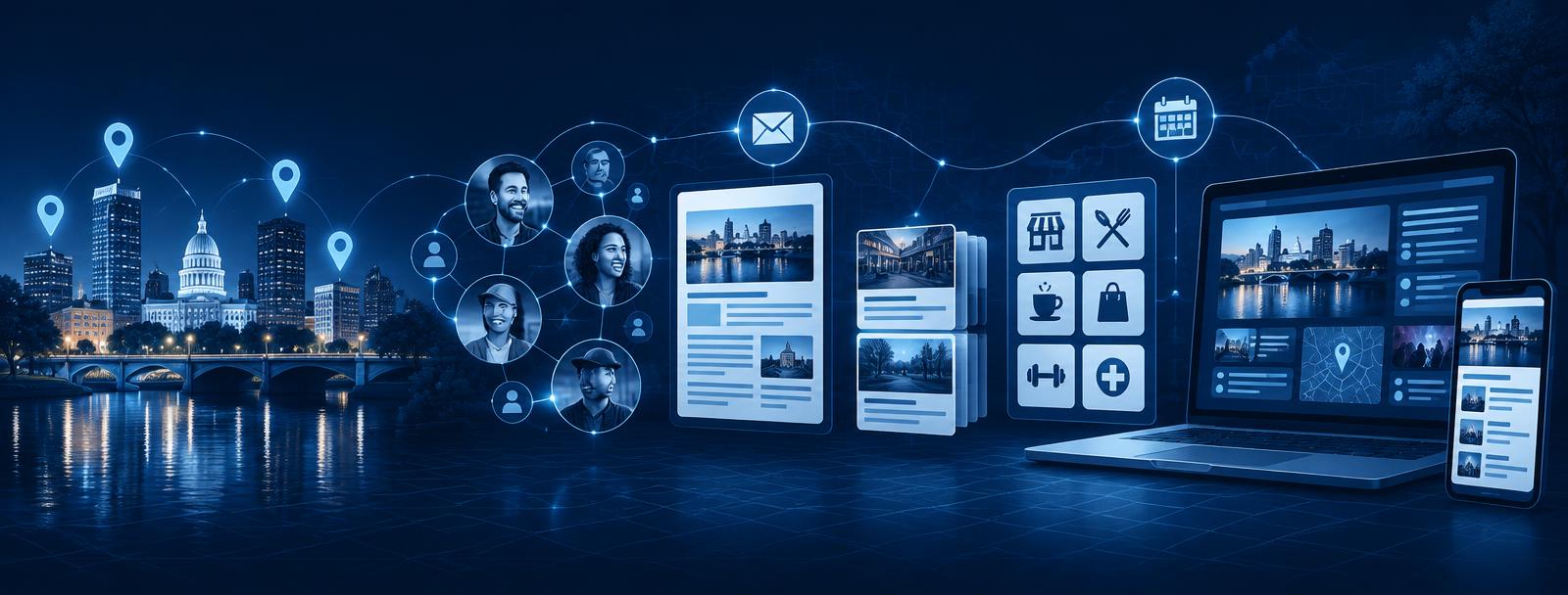 Connected local city, community audience, newsletter panels, business directory, calendar, and digital publishing hub