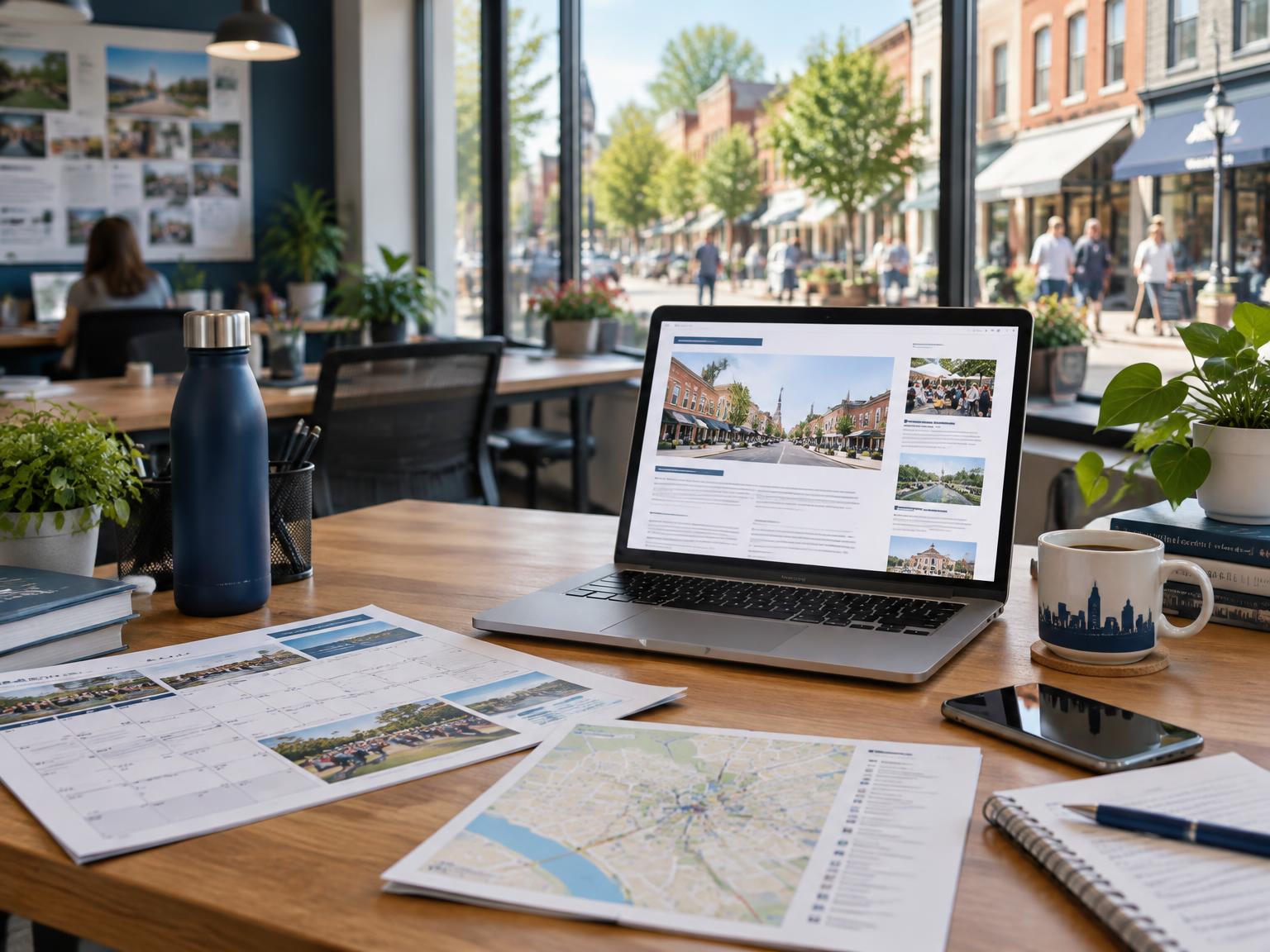 A local publishing workspace with a community newsletter, neighborhood map, event calendar, and main street view