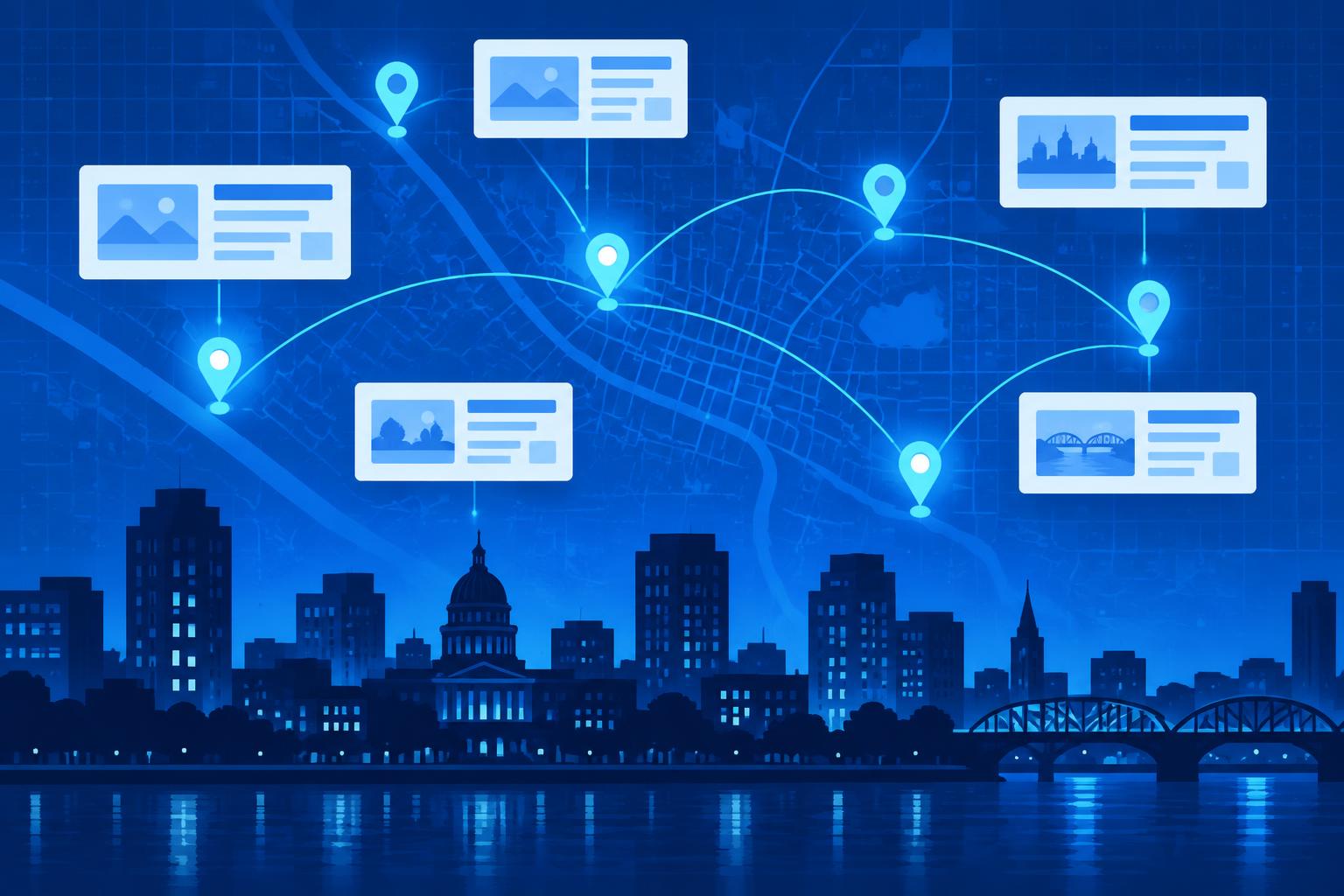 Stylized navy blue city skyline beneath a local street map with glowing cyan location pins and floating newsletter panels