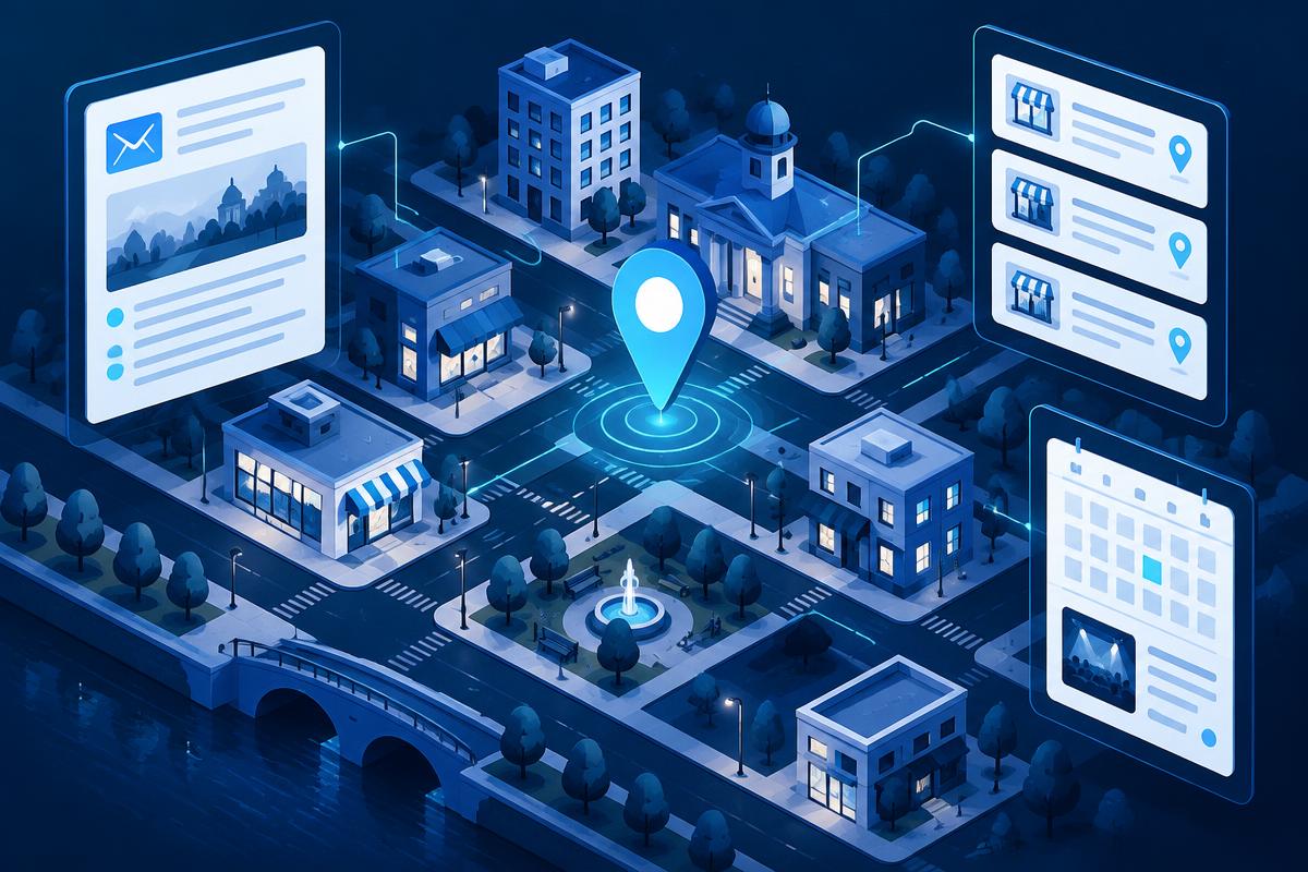Illustrated neighborhood map with a location pin, local newsletter, business directory, and community event calendar